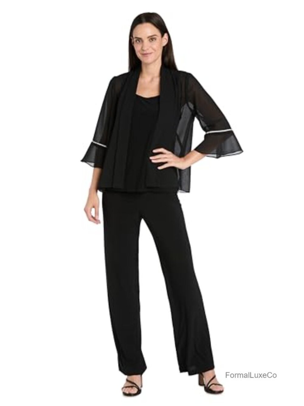 Sheer Open Front Cardigan Jacket with Rhinestone Trim, Ruffle Bell Sleeves,